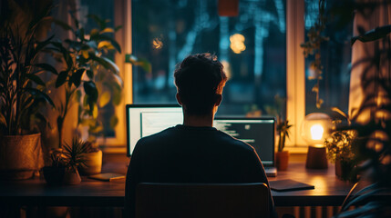 Obraz premium Persona di spalle che lavoro al pc davanti a un panorama di notte