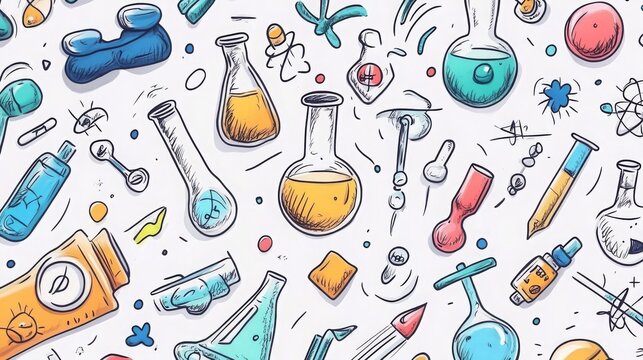 Hand-drawn doodles of science objects and chemistry symbols, representing a playful, educational design. 