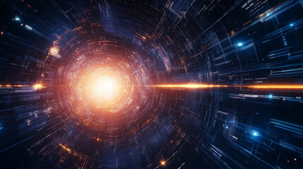 Obraz premium Bright glowing energy core surrounded by swirling digital patterns, symbolizing powerful technological advancements, cosmic energy, and futuristic innovations, perfect for sci-fi themes.