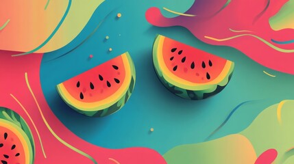 Happy National Watermelon Day poster with abstract designs, celebrating the event on August 3rd with vibrant watermelon themes. 