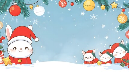 A kawaii Christmas card featuring a cute rabbit in a Santa hat, colorful decorations, and cheerful kittens in Santa suits with a large blank space for writing holiday wishes