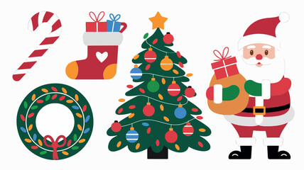 Collection of Christmas icons, Santa, Christmas tree, stockings. Flat, festive design with a bright, traditional holiday color palette, for greeting cards or web graphics.