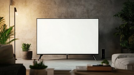 LED TV set on a table in a minimalist living room, featuring a blank screen, perfect for showcasing advertisements or content. 