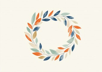 Minimalist wreath with colorful leaves in orange, blue, green, and beige on a light background