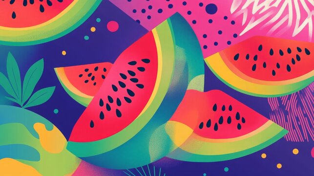 Happy National Watermelon Day poster with abstract designs, celebrating the event on August 3rd with vibrant watermelon themes. 