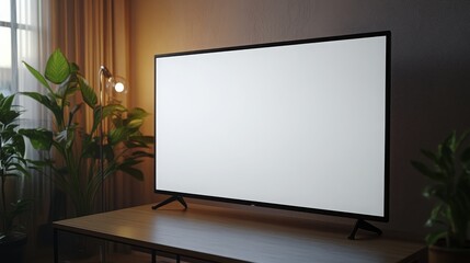 LED TV set on a table in a minimalist living room, featuring a blank screen, perfect for showcasing advertisements or content. 