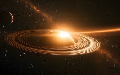 Stunning cosmic landscape with glowing planet and swirling galaxy