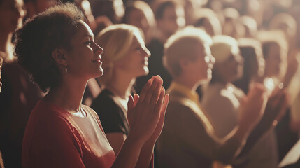 Crowd applauding, audience in theater, people clapping, diverse crowd in applauding gesture, celebration, joyful reaction concept