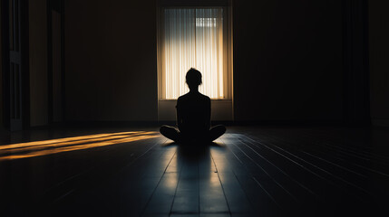 Obraz premium Silhouette of person meditating, sitting in lotus position, backlit by window, tranquil scene, meditation, calmness concept