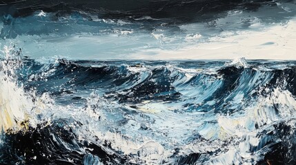 Seascape fading to black with cool colors and bold palette knife strokes. -