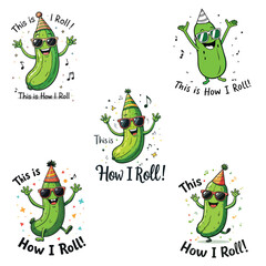 Playful Cartoon Cucumber Dancing with Party Hat, Sunglasses & 'This is How I Roll!' Text - Fun Vector Illustration with Confetti & Music Notes