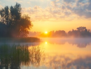Panorama of beautiful sunrise over lake