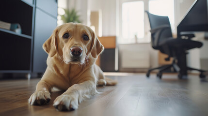 Golden Labrador resting on office floor, relaxed dog lying down in workplace environment, office pet concept