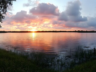Obraz premium Panorama of beautiful sunrise over lake