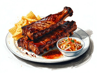 USA cuisine fast food meals, restaurant dishes. Grilled ribs with fries and sauce watercolor illustration. American fast food illustration for menu