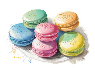 Obraz premium Set of different taste French macaron cookies. Sweet and tasty french macaroons desert. Watercolor illustration isolated on white background