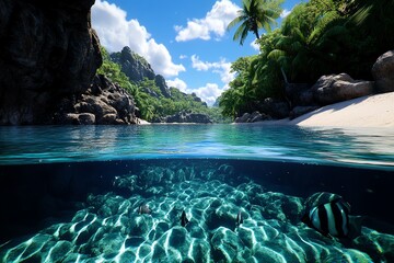 A hyper-realistic river habitat, with detailed water, rocks, and wildlife, where every texture and reflection is captured in perfect clarity