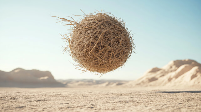 Floating tumbleweed in arid desert, clear sky, dry landscape, isolated, natural phenomenon, sunlight, wilderness, sand dunes, survival, arid environment concept