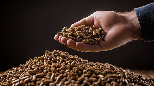 Hand holding, pouring animal feed pellets, close-up view on dark background, livestock nutrition concept
