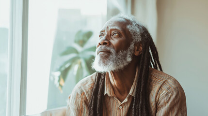 Elderly man with dreadlocks gazing through window with thoughtful expression, peaceful contemplation concept