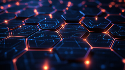 Fototapeta premium Futuristic hexagonal pattern with glowing orange lines and dark metallic textures, showcasing a high-tech digital background with intricate circuitry and illuminated edges for technology