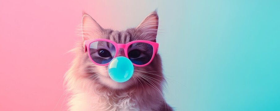 Cat wearing pink sunglasses and blowing chewing gum bubble against pastel background.