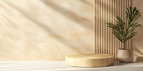 3D cylindrical wooden podium in a light beige studio. plant in a ruffle on the side. minimalist design, room. podium for product presentation. fresh atmosphere