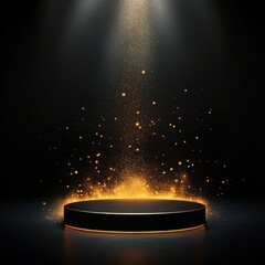 Black Podium with Golden Sparkles and Spotlight.
