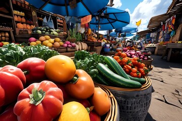A hyper-realistic view of a rural market filled with local produce, with vivid textures of vegetables, fruits, and handmade crafts capturing the essence of a rural economy