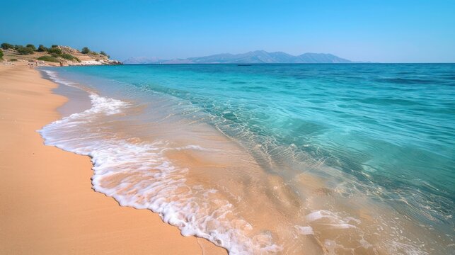 Summer Day at Santa Maria Beach, Paros, Greece: Golden Sandy Shores, Crystal-Clear Emerald Waters, Serene Aegean Sea, Relaxing Mediterranean Landscape, Perfect Greek Island Vacation