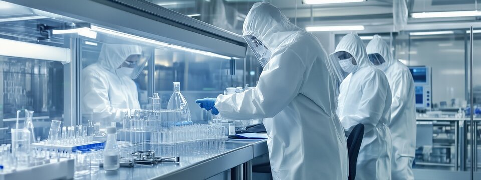 Researchers in protective suits conducting experiments in a high-tech laboratory filled with glassware and equipment