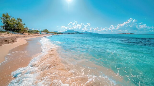 Summer Day at Santa Maria Beach, Paros, Greece: Golden Sandy Shores, Crystal-Clear Emerald Waters, Serene Aegean Sea, Relaxing Mediterranean Landscape, Perfect Greek Island Vacation