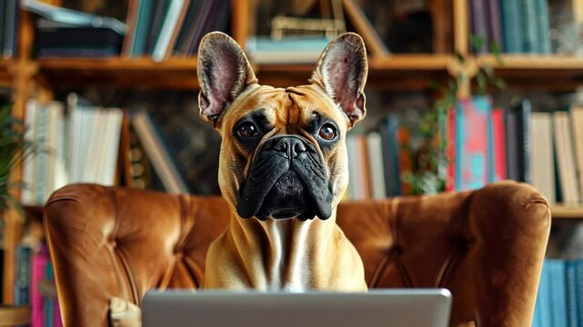 A French bulldog sits in a brown armchair, looking intently at a laptop in front of it