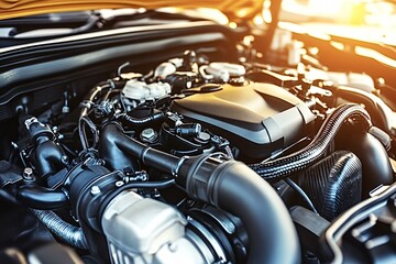 Mechanic inspecting powerful car engine in workshop, showcasing modern technology and design