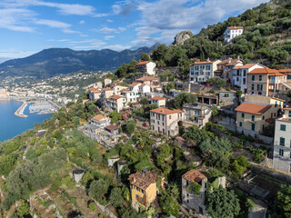 Colourful view on Italian Riviera and blue Mediterranean Sea from French-Italian border in Grimaldi...