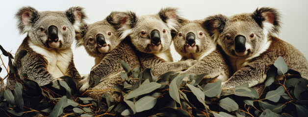 A quintet of koalas leans into one another amidst lush eucalyptus leaves, evoking tranquility and a sense of home, suitable for animal and nature lovers.