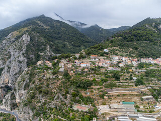 Obraz premium Colourful view on Italian Riviera and blue Mediterranean Sea from French-Italian border in Grimaldi village, Ventimiglia near San-Remo, travel destination, panoramic view