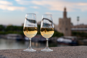 Sherry wine tasting on roof of old Triana district in Sevilla with view on Sevilla houses and river, wine glasses