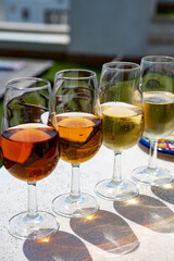 Sherry fino, manzanilla, cream wine tasting on roof of old Triana district in Sevilla with view on Sevilla houses and churches, wine glasses