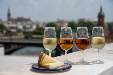 Sherry fino, manzanilla, cream wine tasting on roof of old Triana district in Sevilla with view on...