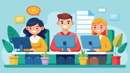 Cartoon vector illustration of team with three people working in the office at the computers for online internet business or start up - men and women sitting at the desktop