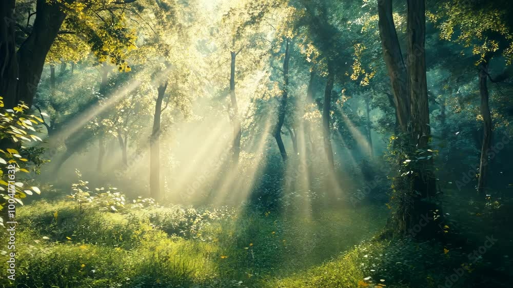 Aufkleber sunlight streams through the dense canopy of a forest, creating a magical atmosphere