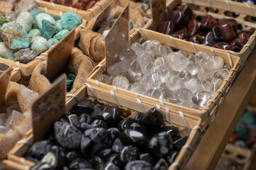 Different minerals and stones in souvenirs shop in France