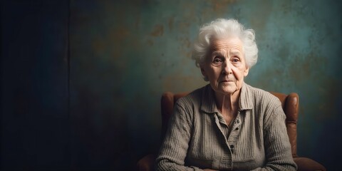 Fototapeta premium An elderly woman sitting alone, showing signs of loneliness associated with dementia. The scene conveys a deep sense of isolation and vulnerability, reflecting the emotional impact of cognitive