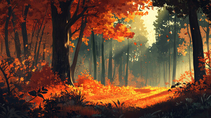  A dense forest in autumn with vibrant orange and red leaves. 