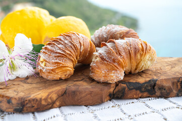 Italian desssert, Naples sfogliatella, shell-shaped layered pastry, with sweet custard-like filling made with semolina, ricotta, and candied citrus fruit