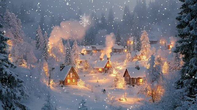 Snowy Winter Village at Night Seamless Looping Background Video