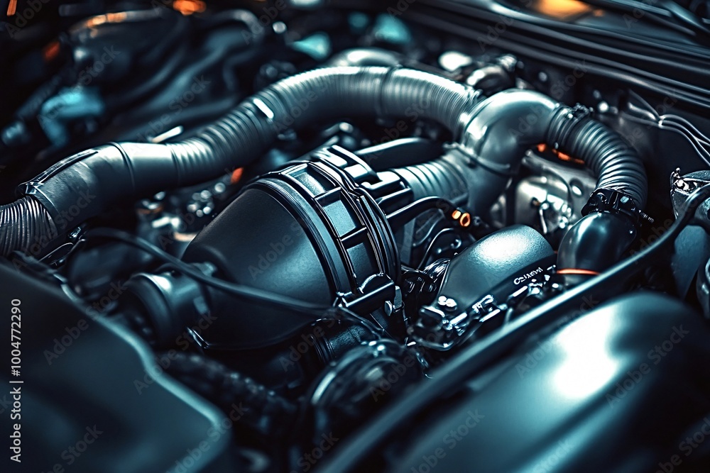 Poster powerful car engine is running, with its components gleaming in the light. the details of the engine