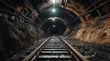 Naklejka premium Dimly lit electric lamps are illuminating a set of railroad tracks leading into a dark tunnel deep below the surface in a coal mine