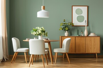 A green and white room with a wooden table and chairs, generative ai image